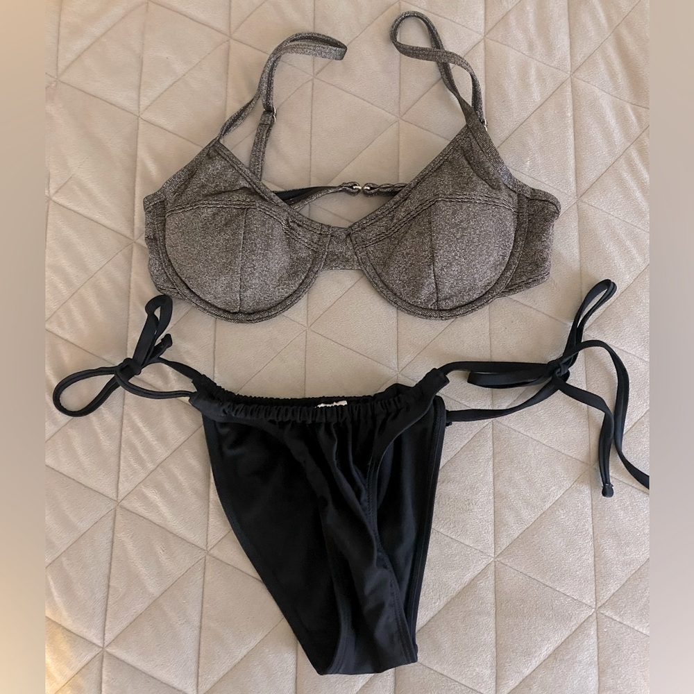 NWOT Silver Sparkle Bikini top and Black Bottoms